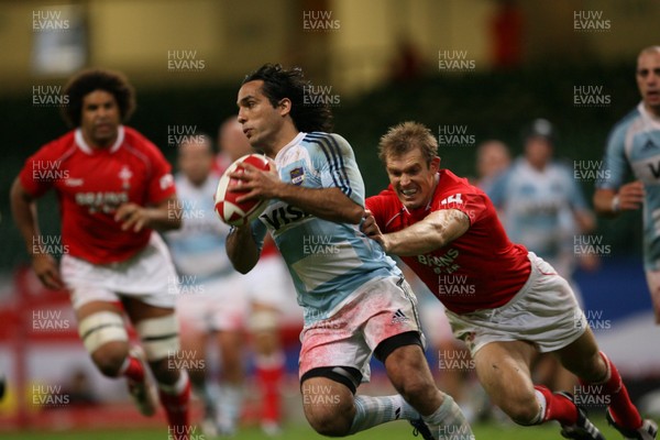 18.08.07  Wales v Argentina Wales Dafydd James tackles Martin Gaitan 