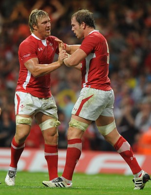 20.08.11 - Wales v Argentina - RWC Warm-Up Match - Alun Wyn Jones of Wales celebrates his try with Andy Powell(L). 