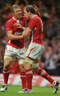 20.08.11 - Wales v Argentina - RWC Warm-Up Match - Alun Wyn Jones of Wales celebrates his try with Andy Powell(L). 