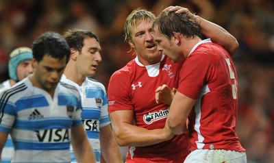 20.08.11 - Wales v Argentina - RWC Warm-Up Match - Alun Wyn Jones of Wales celebrates his try with Andy Powell(L). 