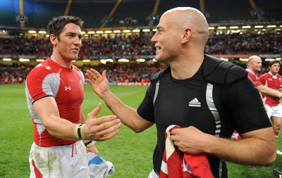20.08.11 - Wales v Argentina - RWC Warm-Up Match - James Hook of Wales and Felipe Contepomi of Argentina swap shirts at the end of the game. 