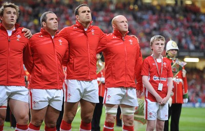 20.08.11 - Wales v Argentina - RWC Warm-Up Match - Jonathan Davies, Paul James, Jamie Roberts and Martyn Williams of Wales line up for the national anthems. 