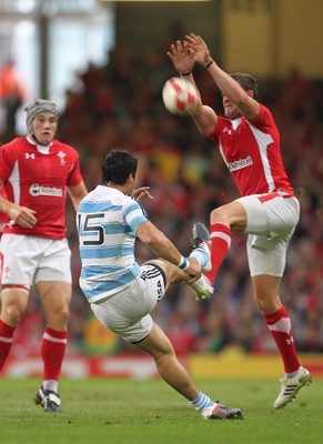 20.08.11 Wales v Argentina. Wales' Lee Byrne charges down kick by Argentina's Martin Rodriguez. 