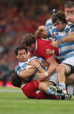 20.08.11 Wales v Argentina. Argentina's Nicolas Vergallo is tackled by George North and Alun Wyn Jones. 