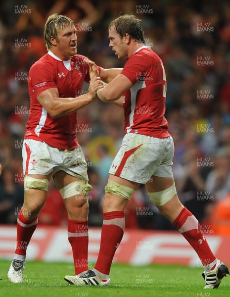20.08.11 - Wales v Argentina - RWC Warm-Up Match - Alun Wyn Jones of Wales celebrates his try with Andy Powell(L). 