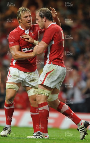 20.08.11 - Wales v Argentina - RWC Warm-Up Match - Alun Wyn Jones of Wales celebrates his try with Andy Powell(L). 