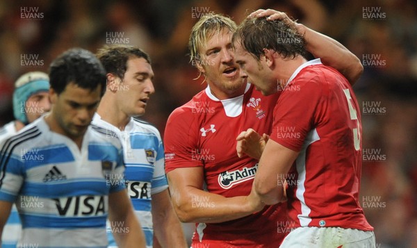 20.08.11 - Wales v Argentina - RWC Warm-Up Match - Alun Wyn Jones of Wales celebrates his try with Andy Powell(L). 