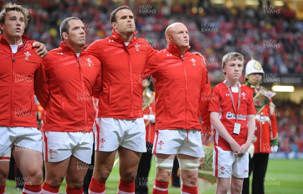20.08.11 - Wales v Argentina - RWC Warm-Up Match - Jonathan Davies, Paul James, Jamie Roberts and Martyn Williams of Wales line up for the national anthems. 