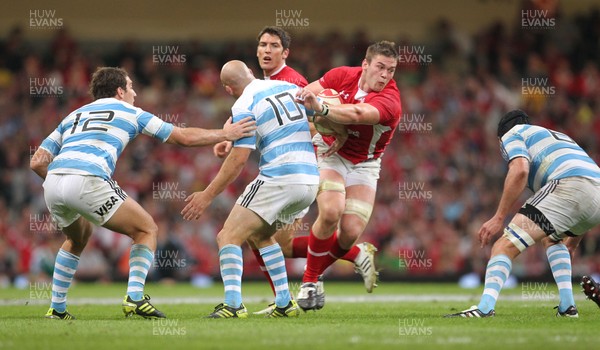 20.08.11 Wales v Argentina. Wales' Dan Lydiate gets past Argentina's Felipe Contepomi. 