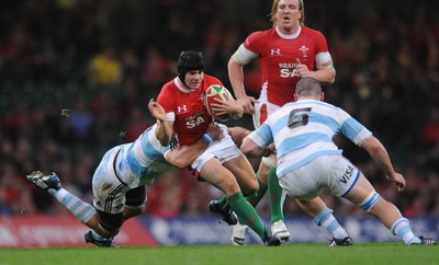 21.11.09 - Wales v Argentina - Invesco Perpetual Series 2009 - Wales' Leigh Halfpenny is tackled by Argentina's Juan Martin Fernandez Lobbe. 