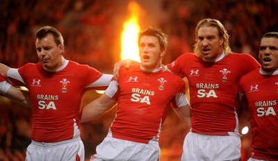 21.11.09 - Wales v Argentina - Invesco Perpetual Series 2009 - Matthew Rees, Jonathan Davies, Andy Powell and Paul James line up for the national anthems. 