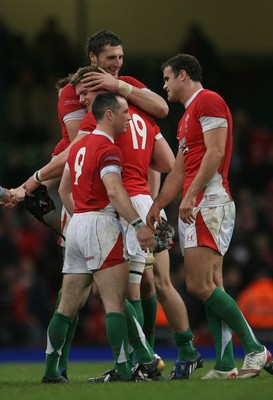 21.11.09 - Wales v Argentina... Wales' Luke Charteris, Dan Lydiate, Gareth Cooper and Jamie Roberts celebrate at the end of the game. 