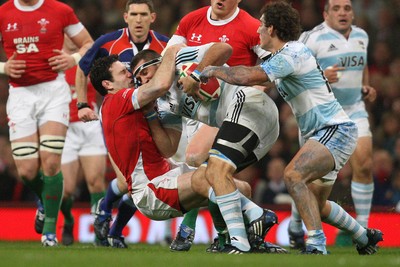 21.11.09... Wales v Argentina, Invesco Perpetual Series 2009 -  Argentina's Juan Martin Fernandez Lobbe is tackled by Wales' Stephen Jones 