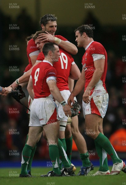 21.11.09 - Wales v Argentina... Wales' Luke Charteris, Dan Lydiate, Gareth Cooper and Jamie Roberts celebrate at the end of the game. 