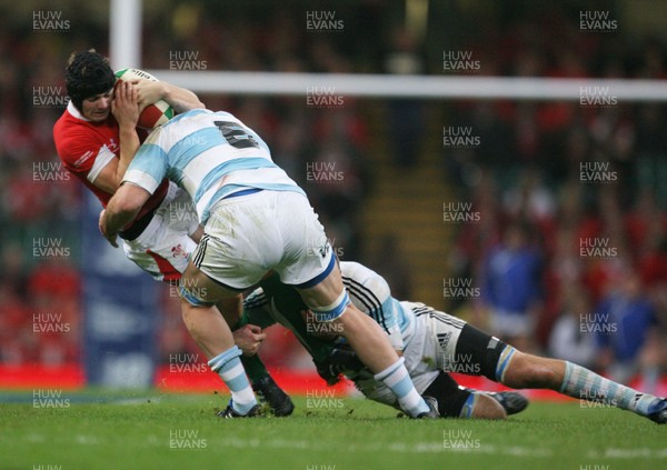 21.11.09 - Wales v Argentina... Wales' Leigh Halfpenny is tackled by Argentina's Tomas Leonardi and  Juan Martin Fernandez Lobbe. 