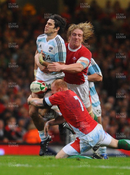 21.11.09 - Invesco Perpetual International Rugby, Wales v Argentina Argentina's Gonzalo Tiesi spills the ball as Wales' Martyn Williams (7) and Andy Powell tackle 
