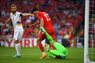 160623 - Wales v Armenia - UEFA European Championship Qualifers - Kieffer Moore of Wales and Ognjen Chancharevich of Armenia during incident before Kieffer Moore of Wales red card