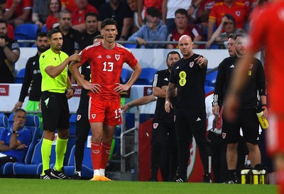 160623 - Wales v Armenia - UEFA European Championship Qualifers - Kieffer Moore of Wales after being sent off with Wales manager Rob Page