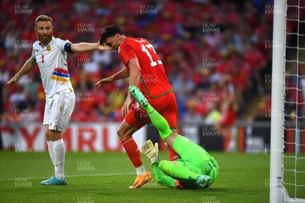 160623 - Wales v Armenia - UEFA European Championship Qualifers - Kieffer Moore of Wales and Ognjen Chancharevich of Armenia during incident before Kieffer Moore of Wales red card