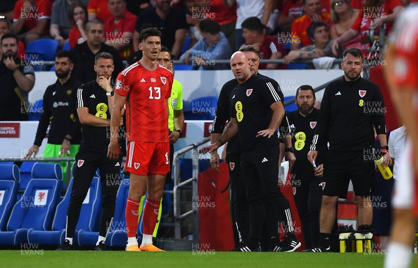 160623 - Wales v Armenia - UEFA European Championship Qualifers - Kieffer Moore of Wales after being sent off with Wales manager Rob Page