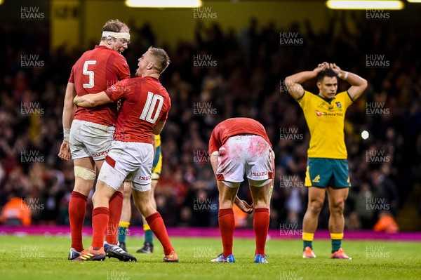 101118 - Wales v Australia, Under Armour Series - Alun Wyn Jones and Gareth Anscombe of Wales celebrate at the end of the match 