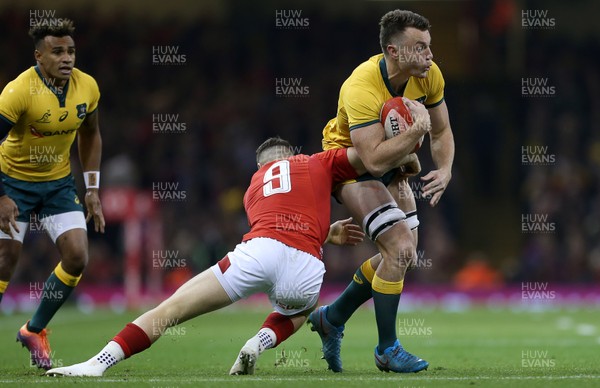 101118 - Wales v Australia - Under Armour Series 2018 - Jack Dempsey of Australia is tackled by Gareth Davies of Wales