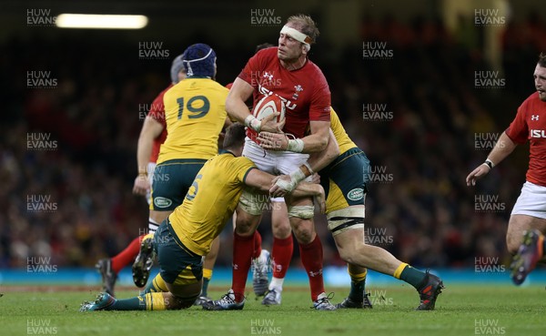 101118 - Wales v Australia - Under Armour Series 2018 - Alun Wyn Jones of Wales is tackled by Jack Dempsey of Australia