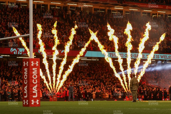 101118 - Wales v Australia, Under Armour Series 2018 - Pre match pyrotechnics as the teams take to the field       