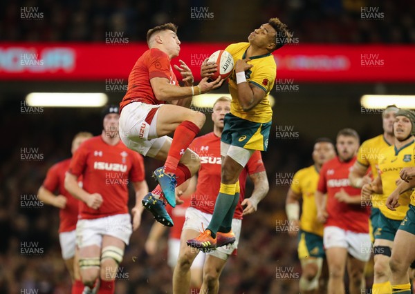 101118 - Wales v Australia, Under Armour Series 2018 - Josh Adams of Wales and Will Genia of Australia compete for the ball