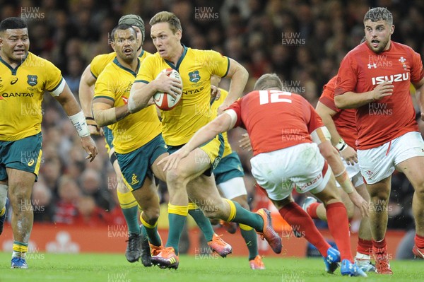 101118 - Wales v Australia - Under Armour Series 2018 - Dane Haylett-Petty of Australia is tackled by Hadleigh Parkes of Wales 