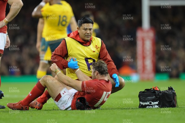 101118 - Wales v Australia - Under Armour Series 2018 - Leigh Halfpenny of Wales is treated by medical staff for an injury
