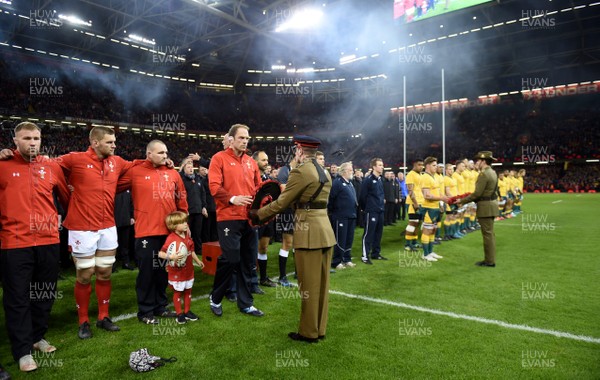 101118 - Wales v Australia - Under Armour Series -  Alun Wyn Jones of Wales and Michael Hooper of Australia are presented with wreaths