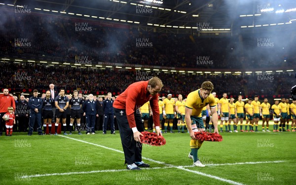 101118 - Wales v Australia - Under Armour Series -  Alun Wyn Jones of Wales and Michael Hooper of Australia lay wreaths before the match