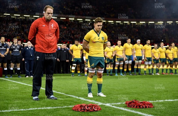 101118 - Wales v Australia - Under Armour Series -  Alun Wyn Jones of Wales and Michael Hooper of Australia lay wreaths before the match