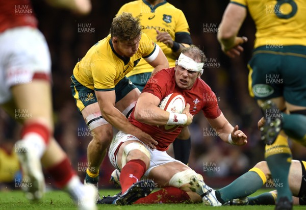 101118 - Wales v Australia - Under Armour Series -  Alun Wyn Jones of Wales is tackled by Michael Hooper of Australia