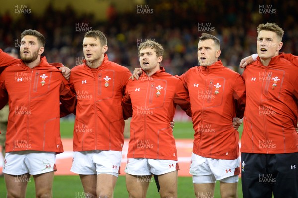 111117 - Wales v Australia - Under Armour Series 2017 - Owen Williams, Dan Biggar, Leigh Halfpenny, Gareth Davies and Jonathan Davies during the anthems