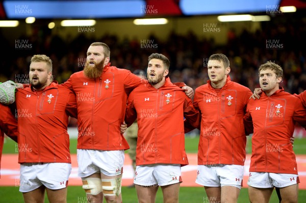 111117 - Wales v Australia - Under Armour Series 2017 - Tomas Francis, Jake Ball, Owen Williams, Dan Biggar and Leigh Halfpenny during the anthems