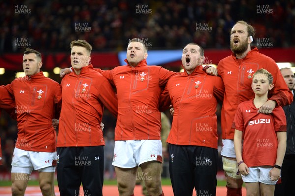 111117 - Wales v Australia - Under Armour Series 2017 - Gareth Davies, Jonathan Davies, Rob Evans, Ken Owens and Alun Wyn Jones of Wales during the anthems