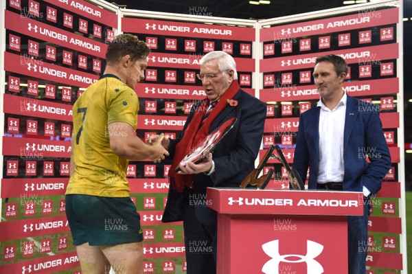 111117 - Wales v Australia - Under Armour Series 2017 - Michael Hooper of Australia receives the James Bevan Trophy from Dennis Gethin