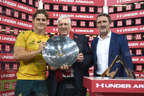 111117 - Wales v Australia - Under Armour Series 2017 - Michael Hooper of Australia receives the James Bevan Trophy from Dennis Gethin