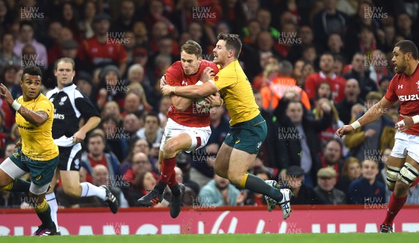 111117 - Wales v Australia - Under Armour Series 2017 - Liam Williams of Wales is tackled by Bernard Foley of Australia