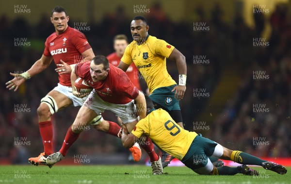 111117 - Wales v Australia - Under Armour Series 2017 - Ken Owens of Wales is tackled by Will Genia of Australia