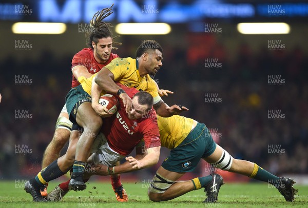 111117 - Wales v Australia - Under Armour Series 2017 - Ken Owens of Wales is tackled by Samu Kerevi and Adam Coleman of Australia