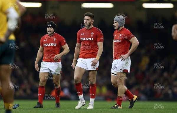 111117 - Wales v Australia - Under Armour Series 2017 - Leigh Halfpenny, Owen Williams and Jonathan Davies of Wales