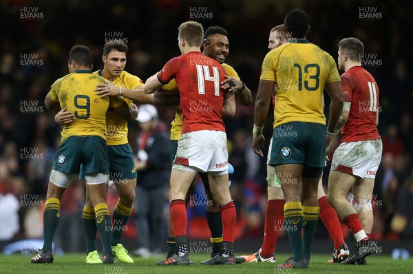 111117 - Wales v Australia - Under Armour Series 2017 - Liam Williams of Wales hugs Samu Kerevi of Australia