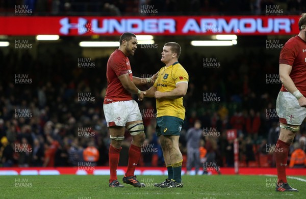 111117 - Wales v Australia - Under Armour Series 2017 - Taulupe Faletau of Wales shakes Tom Robertson of Australia hand at full time