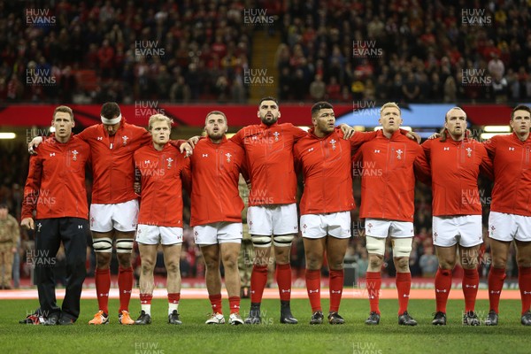 111117 - Wales v Australia - Under Armour Series 2017 - Liam Williams, Aaron Shingler, Aled Davies, Nicky Smith, Cory Hill, Leon Brown, Sam Cross and Kristian Dacey of Wales sing the anthem