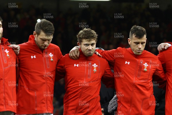 111117 Wales v Australia - Under Armour 2017 Series -  Dan Biggar, Leigh Halfpenny and Gareth Davies of Wales line up for the anthems