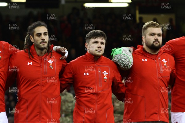 111117 Wales v Australia - Under Armour 2017 Series -  Josh Navidi, Steff Evans and Tomas Francis of Wales line up for the anthems