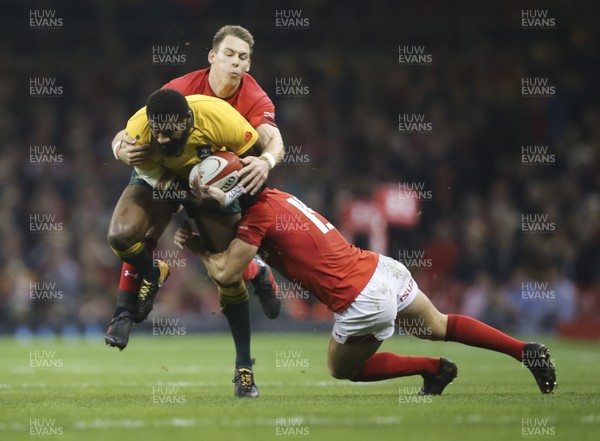 111117 - Wales v Australia, Under Armour Series 2017 - Marika Koroibete of Australia  is tackled by Leigh Halfpenny of Wales and Liam Williams of Wales